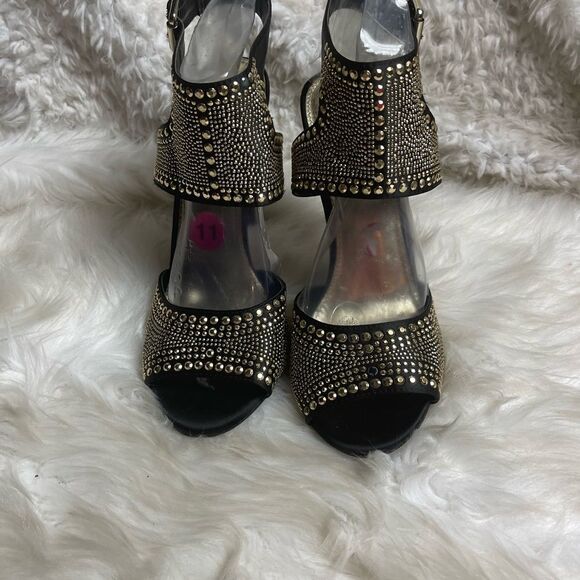 Steve Madden black satin fabric& gold tone studded ankle strap sandals SZ11 - Picture 2 of 13